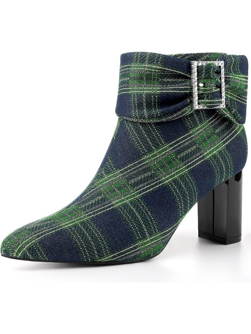 Women's Blue Green Pointy Toe Rhinestone Bow Zipper Chunky Heels Ankle Boots